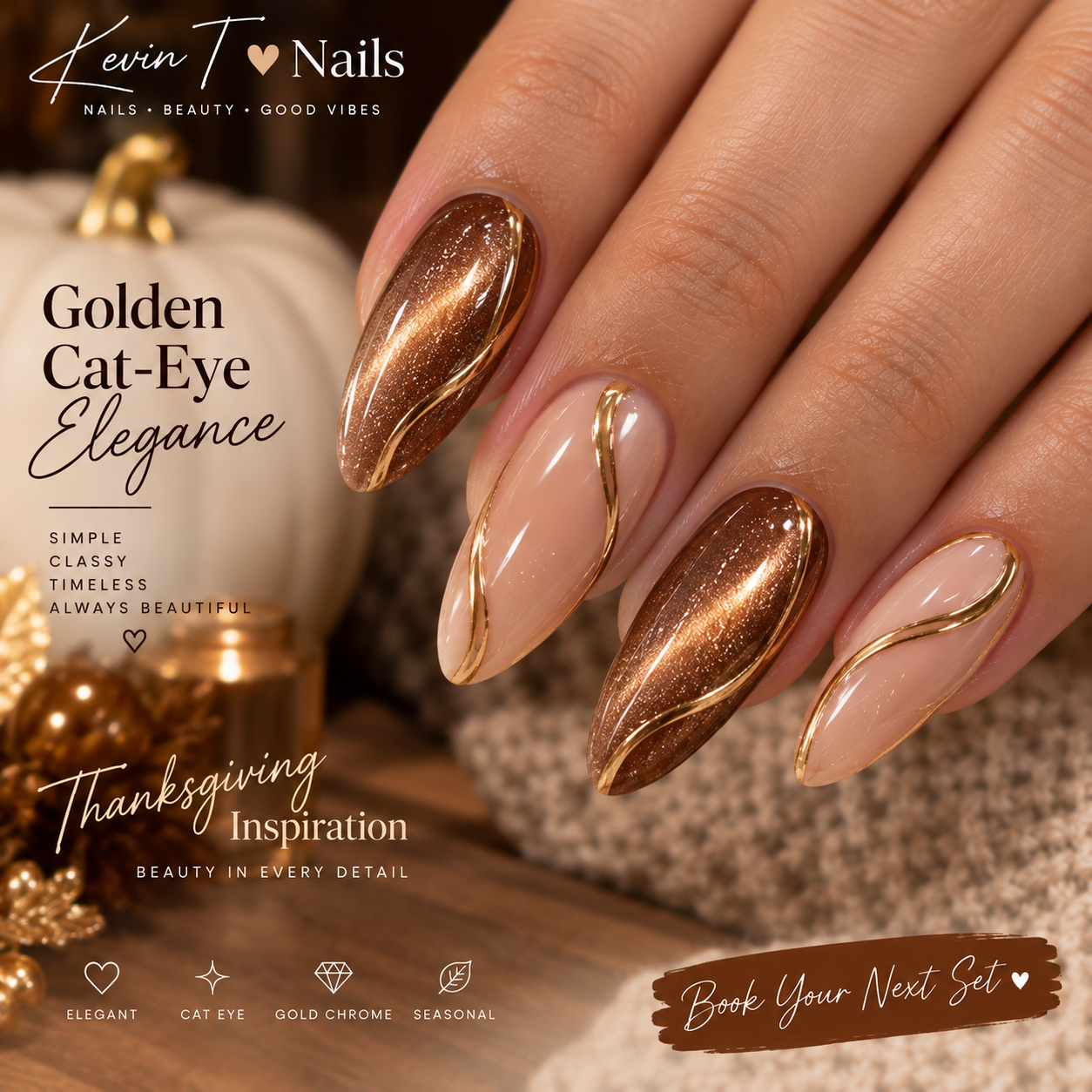 Medium almond bronze cat-eye nails with nude accents and flowing gold chrome lines - Kevin T Nails inspiration