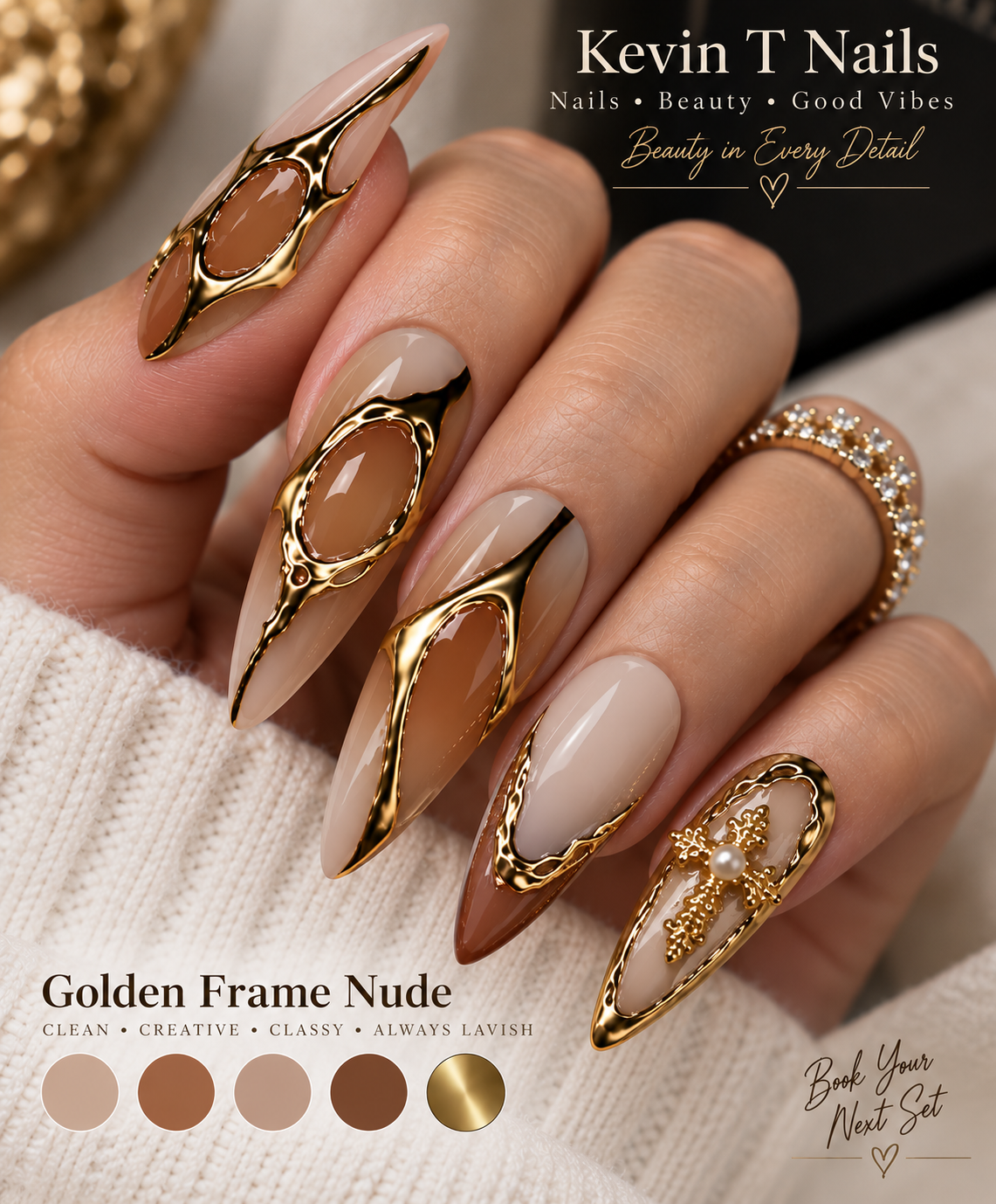 Medium almond nude nails with elegant gold frame accents - Golden Frame Nude by Kevin T Nails inspiration