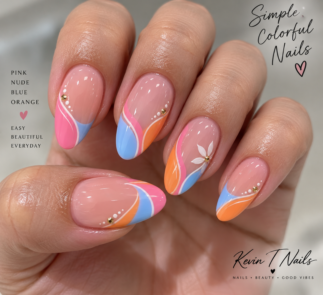 Medium almond nude pink nails with flowing pink, sky blue and orange wave tips - Tropical Sunset Waves by Kevin T Nails inspiration