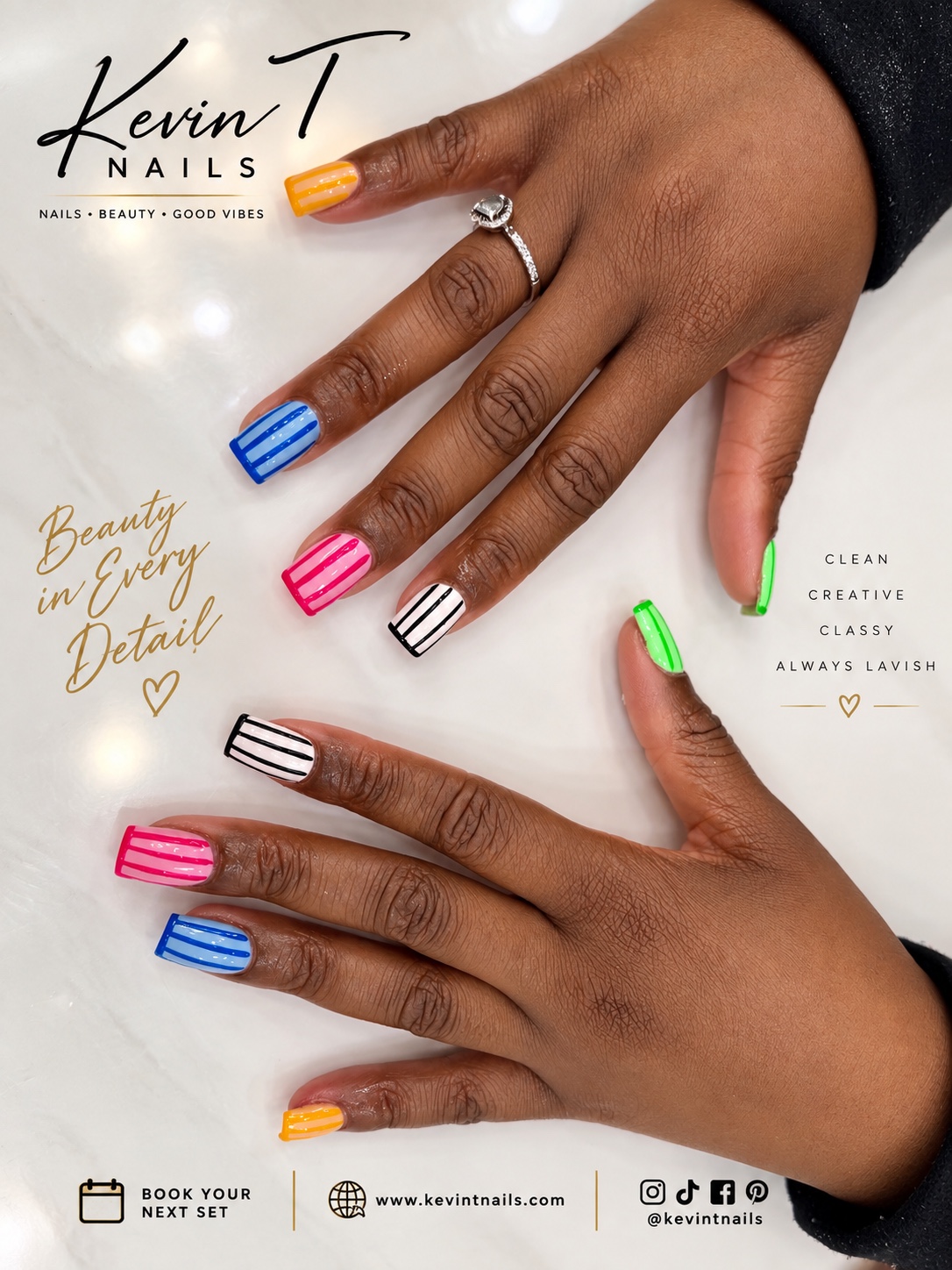 Square nails with orange, blue, pink, neon green and black-and-white vertical stripes