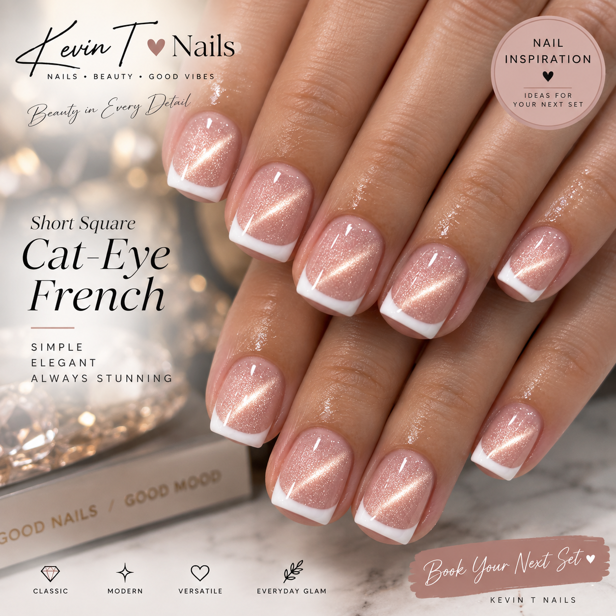 Short square nude pink cat-eye nails with crisp white French tips - Kevin T Nails inspiration