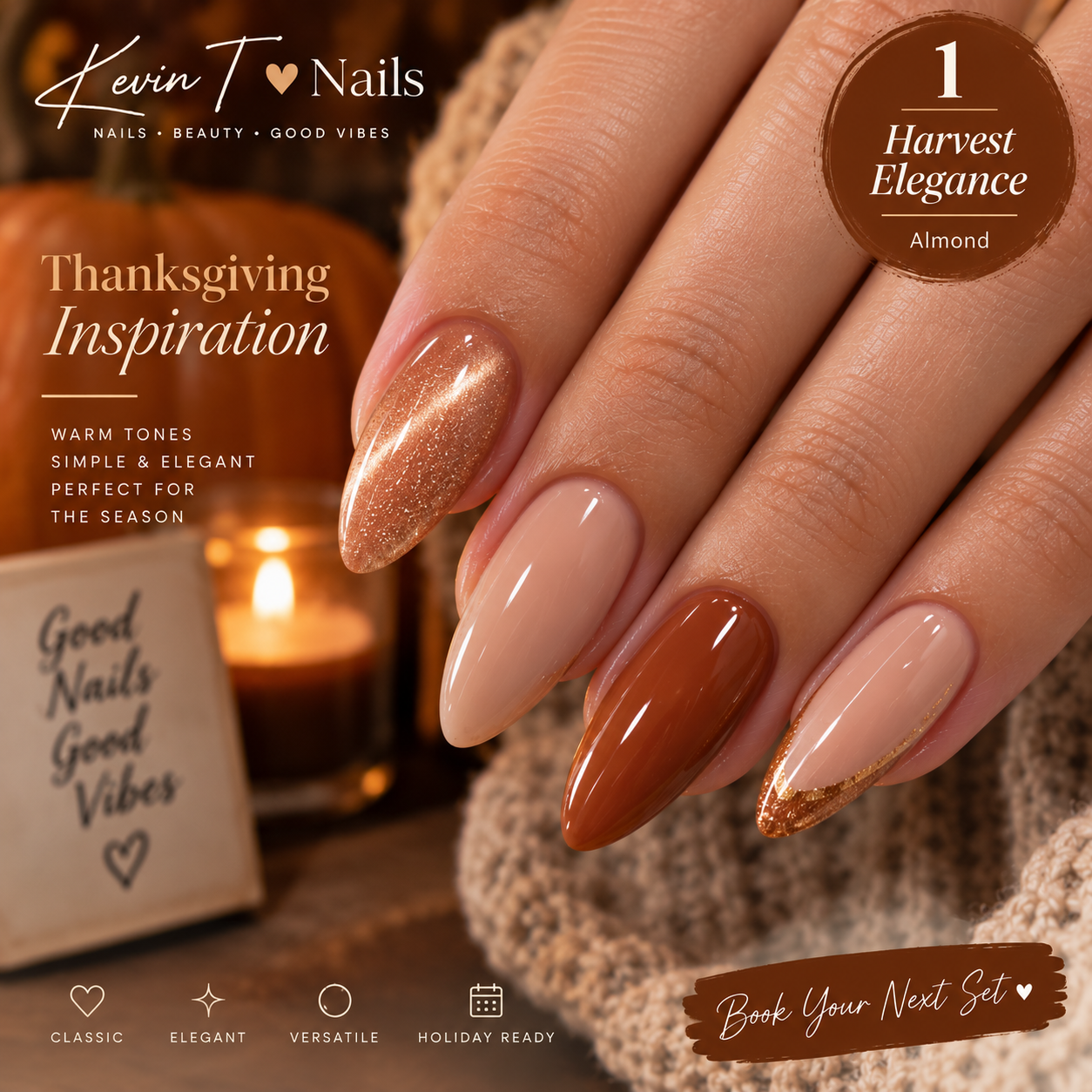 Medium almond Thanksgiving nails in nude, caramel and gold shimmer - Harvest Elegance by Kevin T Nails inspiration
